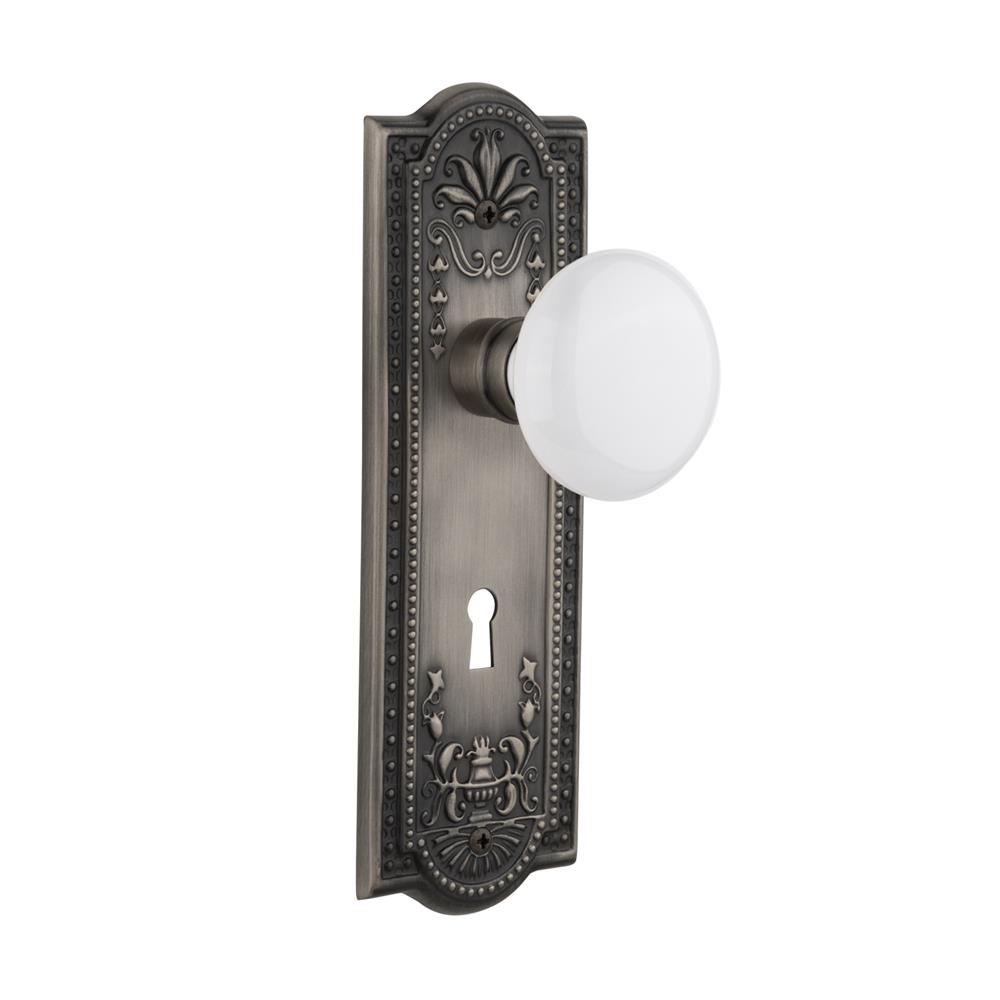 Nostalgic Warehouse MEAWHI Mortise Meadows Plate with White Porcelain Knob and Keyhole in Antique Pewter